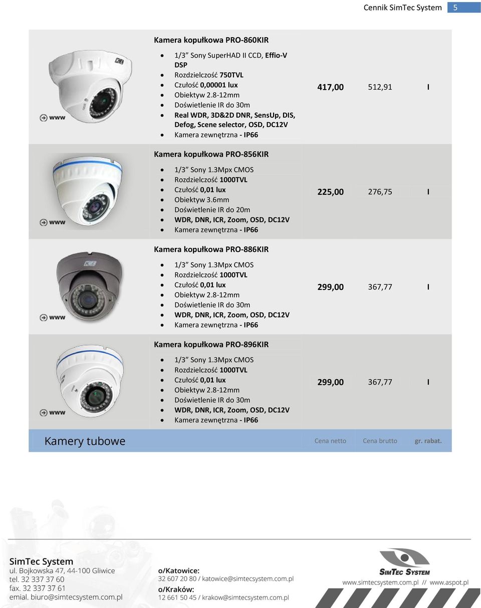 3Mpx CMOS Rozdzielczość 1000TVL Czułość 0,01 lux Obiektyw 3.6mm Doświetlenie IR do 20m WDR, DNR, ICR, Zoom, OSD, DC12V Kamera zewnętrzna - IP66 225,00 276,75 I Kamera kopułkowa PRO-886KIR 1/3 Sony 1.