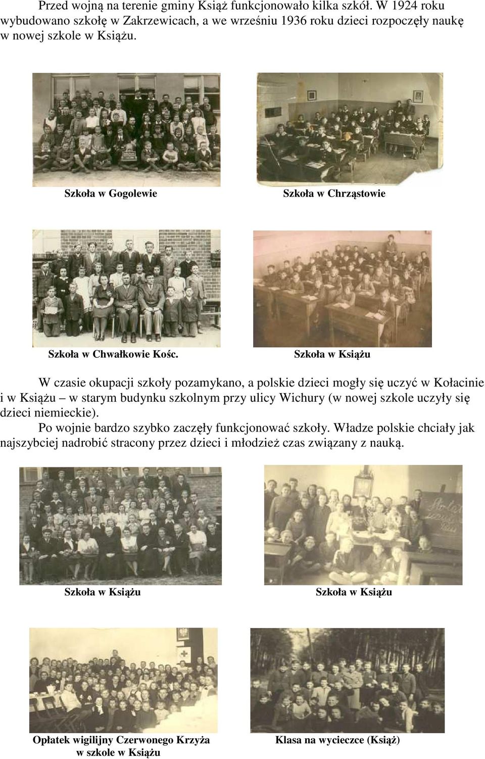 Szkoła w Książu W czasie okupacji szkoły pozamykano, a polskie dzieci mogły się uczyć w Kołacinie i w Książu w starym budynku szkolnym przy ulicy Wichury (w nowej szkole uczyły