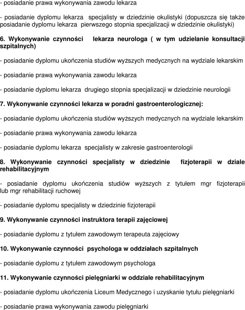 Wykonywanie czynności lekarza neurologa ( w tym udzielanie konsultacji szpitalnych) - posiadanie prawa wykonywania zawodu lekarza - posiadanie dyplomu lekarza drugiego stopnia specjalizacji w