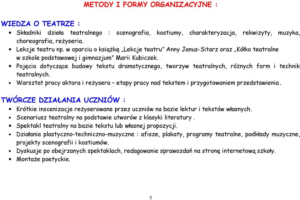 Pojęcia dotyczące budowy tekstu dramatycznego, tworzyw teatralnych, różnych form i technik teatralnych. Warsztat pracy aktora i reżysera etapy pracy nad tekstem i przygotowaniem przedstawienia.