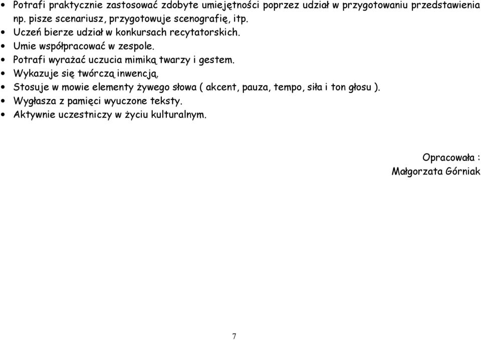 Umie współpracować w zespole. Potrafi wyrażać uczucia mimiką twarzy i gestem. Wykazuje się twórczą inwencją.