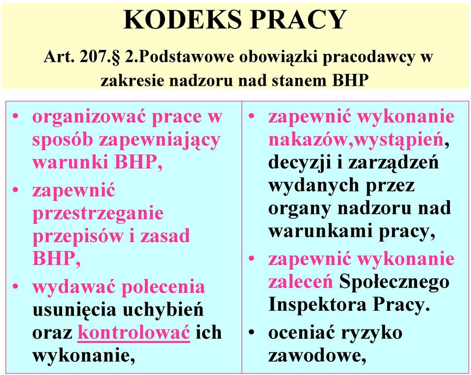 warunki BHP, zapewnić przestrzeganie przepisów i zasad BHP, wydawać polecenia usunięcia uchybień oraz