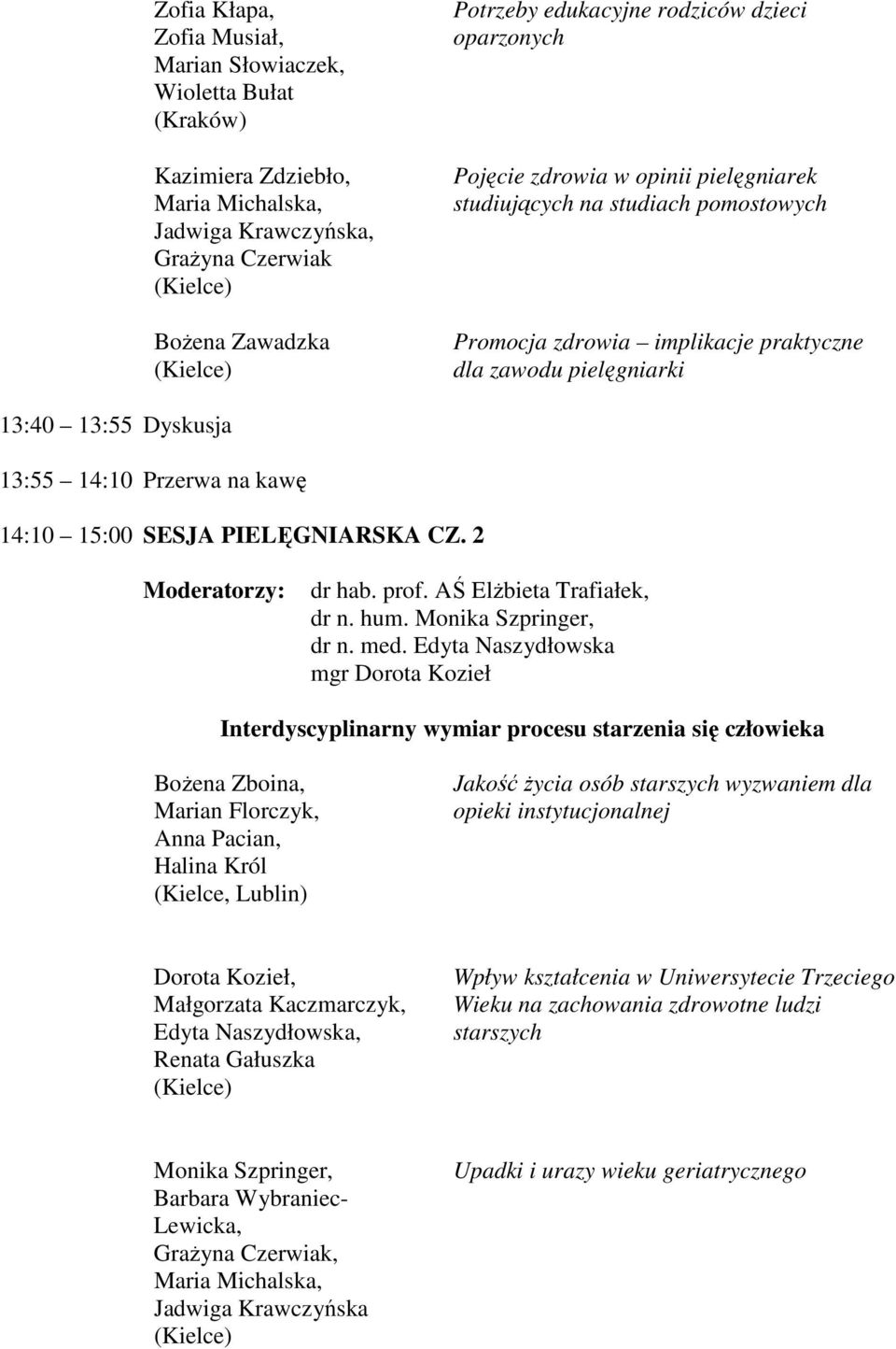 14:10 15:00 SESJA PIELĘGNIARSKA CZ. 2 dr hab. prof. AŚ ElŜbieta Trafiałek, dr n. hum. Monika Szpringer, dr n. med.