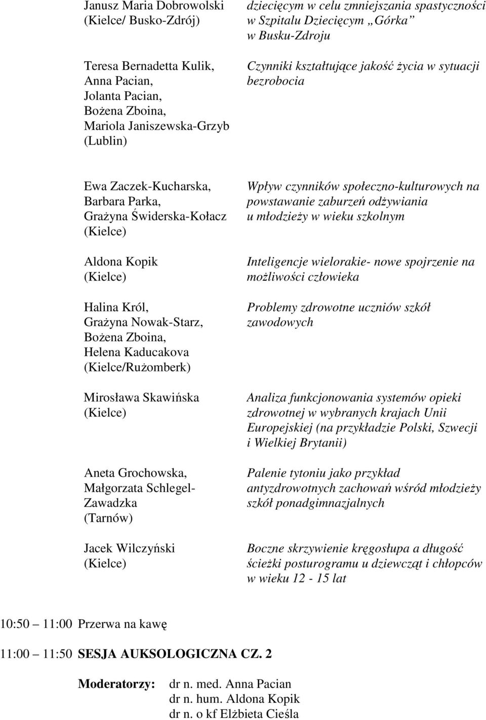 Nowak-Starz, BoŜena Zboina, Helena Kaducakova (Kielce/RuŜomberk) Mirosława Skawińska Aneta Grochowska, Małgorzata Schlegel- Zawadzka (Tarnów) Jacek Wilczyński Wpływ czynników społeczno-kulturowych na