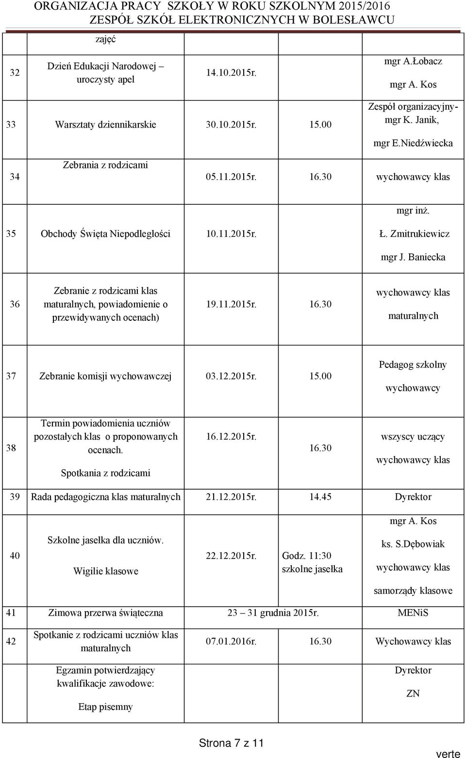 Baniecka 36 Zebranie z rodzicami klas maturalnych, powiadomienie o przewidywanych ocenach) 19.11.2015r. 16.30 maturalnych 37 Zebranie komisji wychowawczej 03.12.2015r. 15.