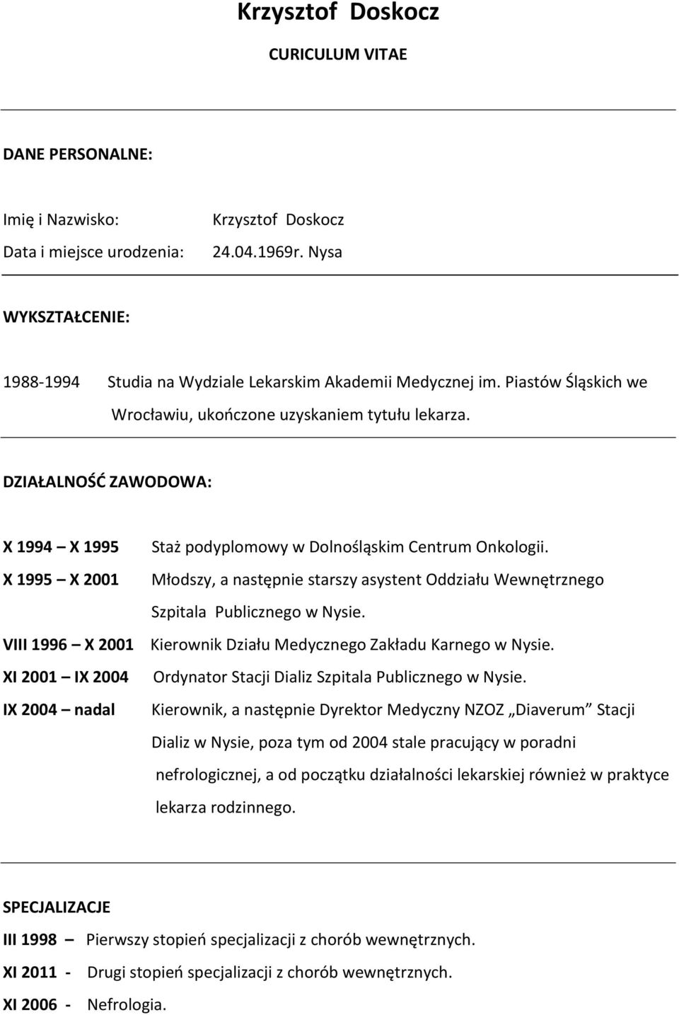 DZIAŁALNOŚĆ ZAWODOWA: X 1994 X 1995 Staż podyplomowy w Dolnośląskim Centrum Onkologii. X 1995 X 2001 Młodszy, a następnie starszy asystent Oddziału Wewnętrznego Szpitala Publicznego w Nysie.