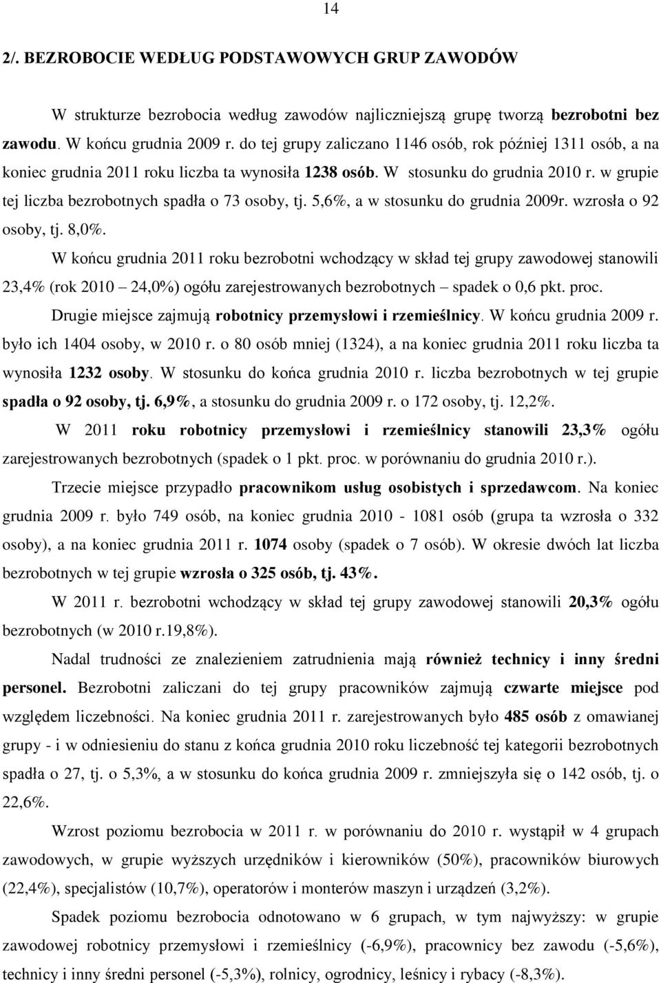 w grupie tej liczba bezrobotnych spadła o 73 osoby, tj. 5,6%, a w stosunku do grudnia 2009r. wzrosła o 92 osoby, tj. 8,0%.