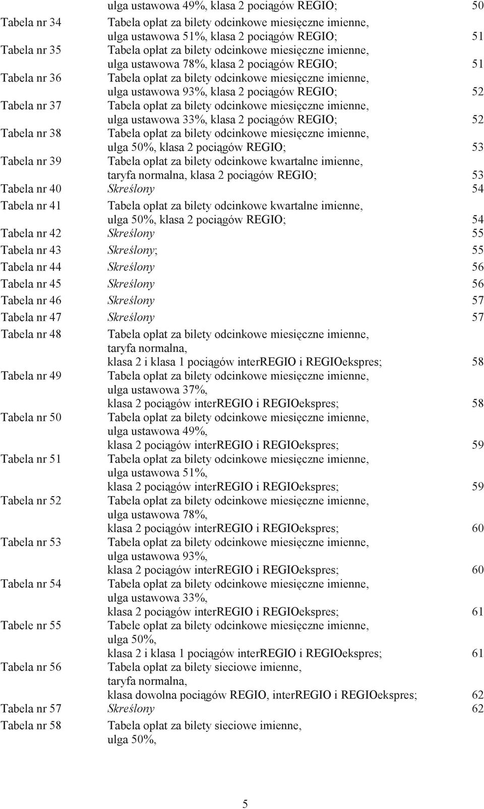 37 Tabela opłat za bilety odcinkowe miesi czne imienne, ulga ustawowa 33%, klasa 2 poci gów REGIO; 52 Tabela nr 38 Tabela opłat za bilety odcinkowe miesi czne imienne, ulga 50%, klasa 2 poci gów