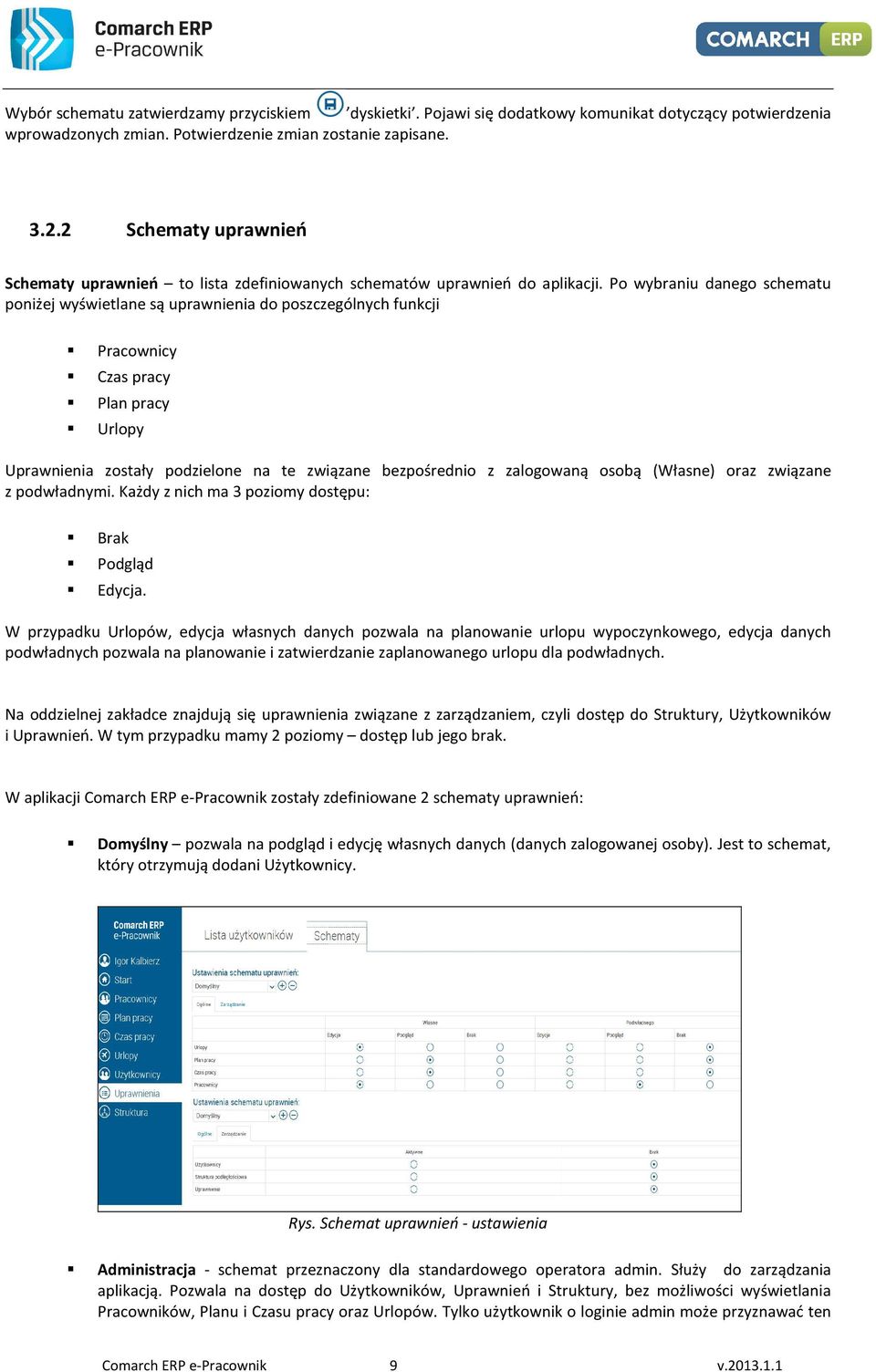 Po wybraniu danego schematu poniżej wyświetlane są uprawnienia do poszczególnych funkcji Pracownicy Czas pracy Plan pracy Urlopy Uprawnienia zostały podzielone na te związane bezpośrednio z