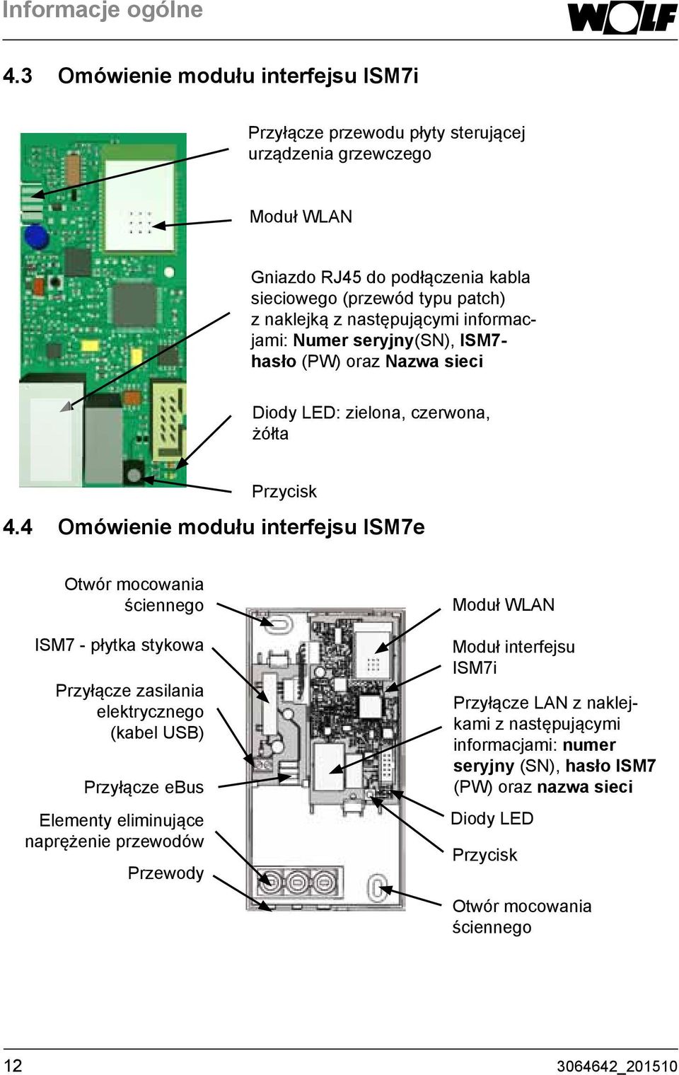następującymi informacjami: Numer seryjny(sn), ISM7- hasło (PW) oraz Nazwa sieci Diody LED: zielona, czerwona, żółta Przycisk 4.