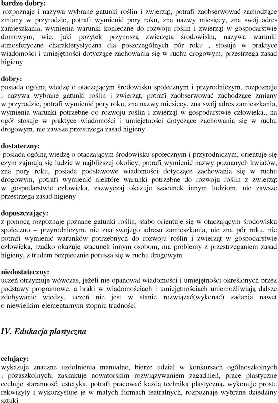 pór roku, stosuje w praktyce wiadomości i umiejętności dotyczące zachowania się w ruchu drogowym, przestrzega zasad higieny posiada ogólną wiedzę o otaczającym środowisku społecznym i przyrodniczym,