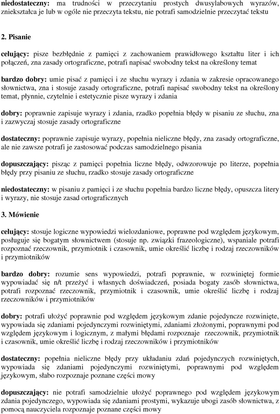 ze słuchu wyrazy i zdania w zakresie opracowanego słownictwa, zna i stosuje zasady ortograficzne, potrafi napisać swobodny tekst na określony temat, płynnie, czytelnie i estetycznie pisze wyrazy i