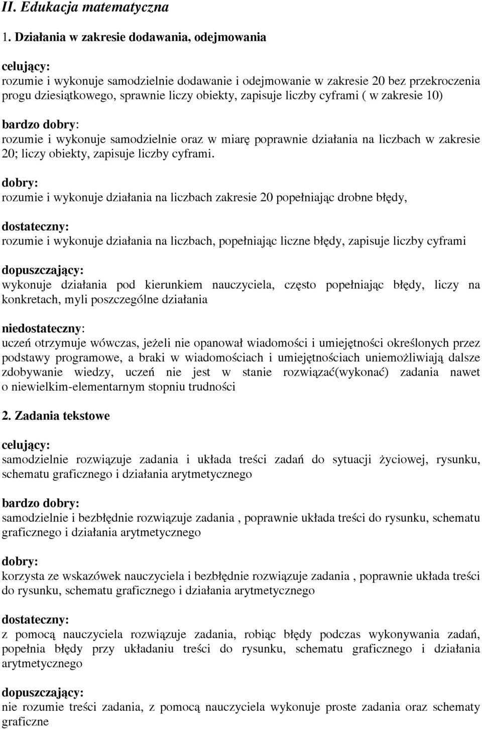 cyframi ( w zakresie 10) bardzo rozumie i wykonuje samodzielnie oraz w miarę poprawnie działania na liczbach w zakresie 20; liczy obiekty, zapisuje liczby cyframi.