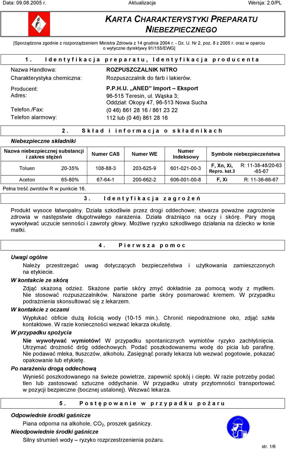 /Fax: Telefon alarmowy: Rozpuszczalnik do farb i lakierów. P.P.H.U. ANED Import Eksport 96-515 Teresin, ul. W!ska 3; Oddzia?