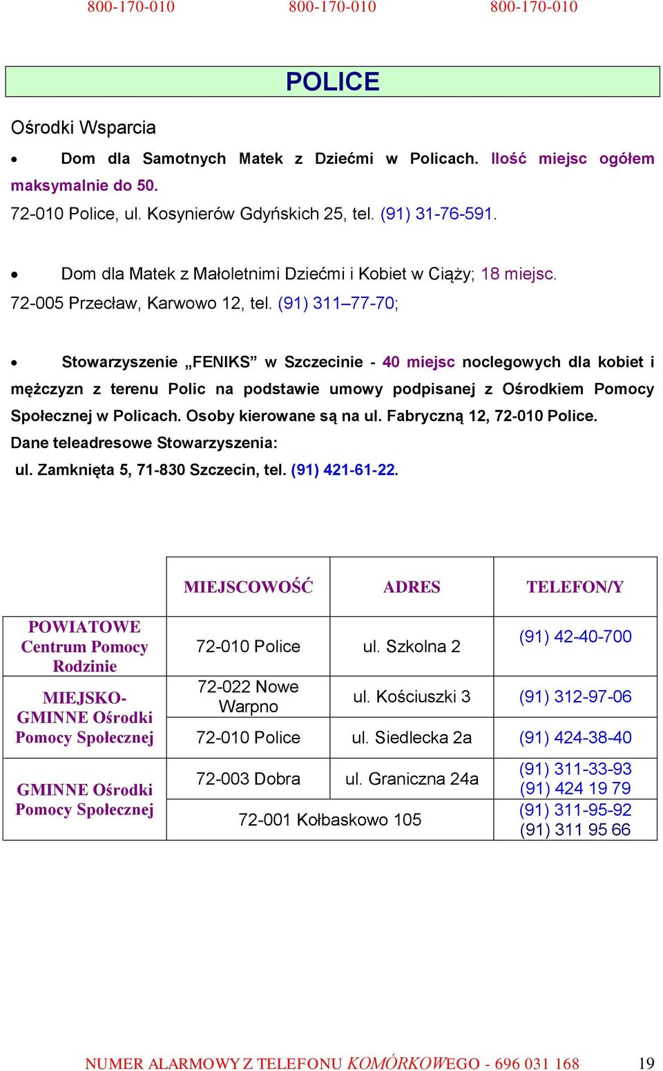 (91) 311 77-70; Stowarzyszenie FENIKS w Szczecinie - 40 miejsc noclegowych dla kobiet i mężczyzn z terenu Polic na podstawie umowy podpisanej z Ośrodkiem Pomocy Społecznej w Policach.