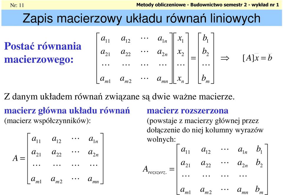 m m m A mcerz głów ułdu rówń (mcerz współczyów): mcerz rozszerzo (powste z