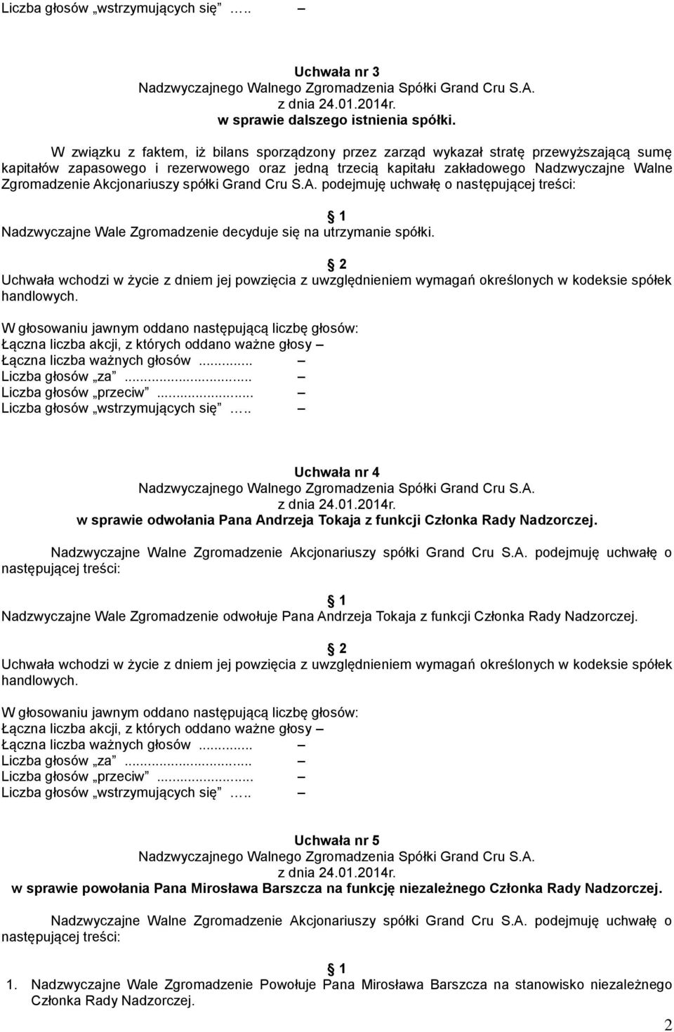 Akcjonariuszy spółki Grand Cru S.A. podejmuję uchwałę o następującej treści: Nadzwyczajne Wale Zgromadzenie decyduje się na utrzymanie spółki.