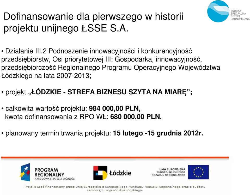 przedsiębiorczość Regionalnego Programu Operacyjnego Województwa Łódzkiego na lata 27-213; projekt ŁÓDZKIE - STREFA