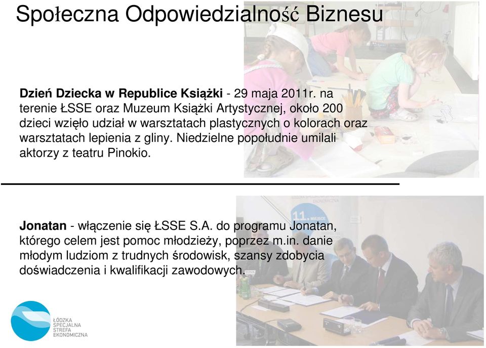 warsztatach lepienia z gliny. Niedzielne popołudnie umilali aktorzy z teatru Pinokio. Jonatan - włączenie się ŁSSE S.A.