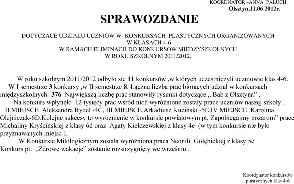 W roku szkolnym 2011/2012 odbyło się 11 konkursów,w których uczestniczyli uczniowie klas 4-6. W I semestrze 3 konkursy,w II semestrze 8.