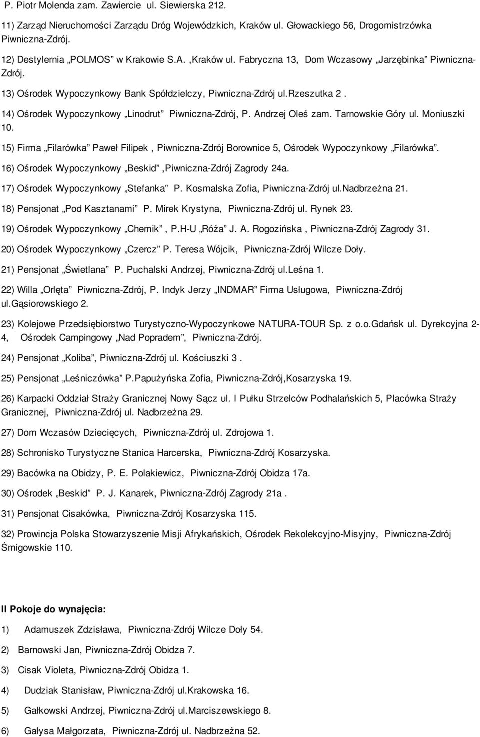 Andrzej Oleś zam. Tarnowskie Góry ul. Moniuszki 10. 15) Firma Filarówka Paweł Filipek, Piwniczna-Zdrój Borownice 5, Ośrodek Wypoczynkowy Filarówka.