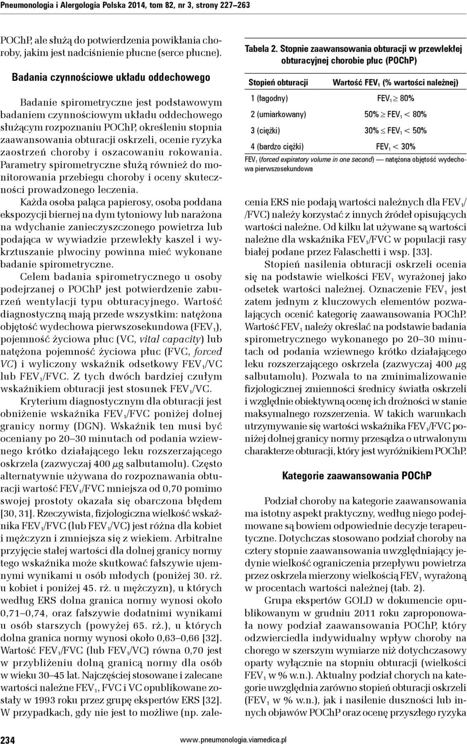 Stopnie zaawansowania obturacji w przewlekłej obturacyjnej chorobie płuc (POChP) Stopień obturacji Wartość FEV 1 (% wartości należnej) 1 (łagodny) FEV 1 80% 2 (umiarkowany) 50% FEV 1 < 80% 3 (ciężki)
