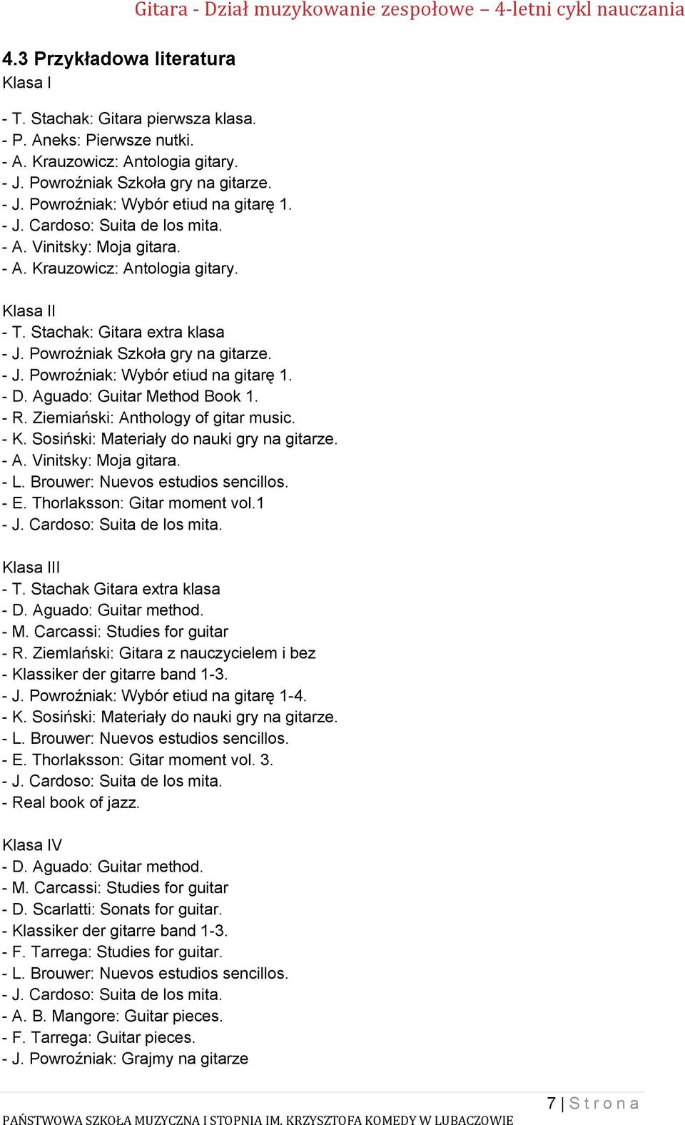 Stachak: Gitara extra klasa - J. Powroźniak Szkoła gry na gitarze. - J. Powroźniak: Wybór etiud na gitarę 1. - D. Aguado: Guitar Method Book 1. - R. Ziemiański: Anthology of gitar music. - K.