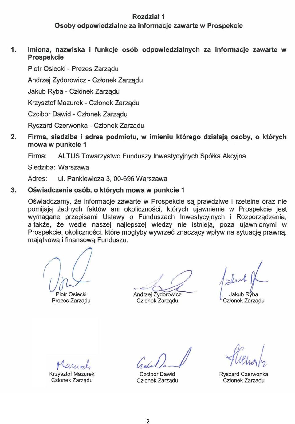 - Członek Zarządu Czcibor Dawid - Członek Zarządu Ryszard Czerwonka - Członek Zarządu 2.