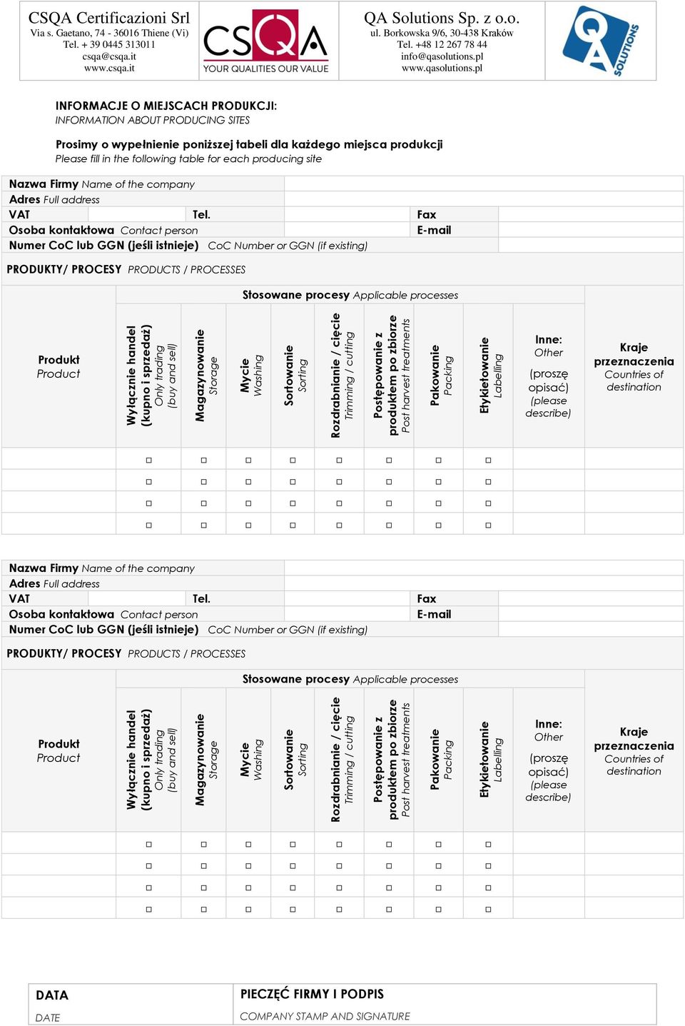 Fax E-mail Numer CoC lub GGN (jeśli istnieje) CoC Number or GGN (if existing) PRODUKTY/ PROCESY PRODUCTS / PROCESSES Stosowane procesy Applicable processes Produkt Wyłącznie handel (kupno i sprzedaż)
