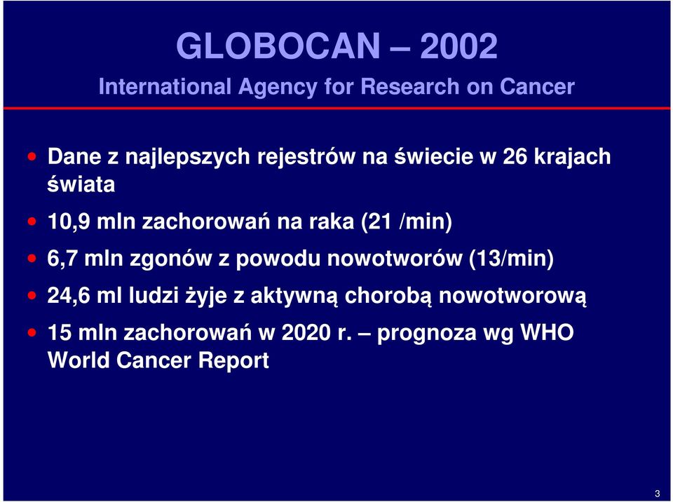 6,7 mln zgonów z powodu nowotworów (13/min) 24,6 ml ludzi żyje z aktywną