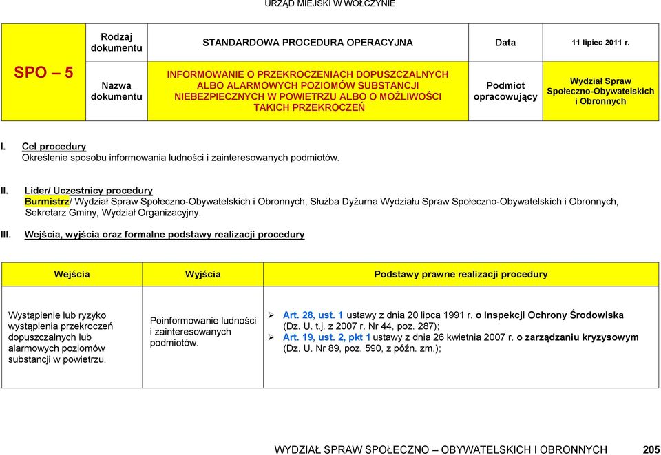 Społeczno-Obywatelskich I. Cel procedury Określenie sposobu informowania ludności i zainteresowanych podmiotów. II. III.