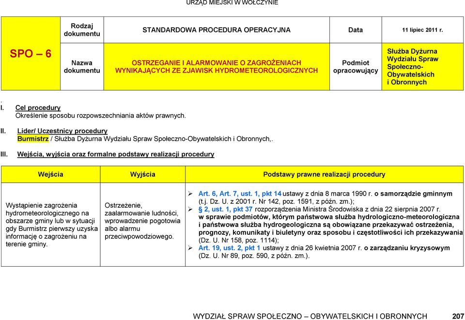 II. III. Lider/ Uczestnicy procedury Burmistrz / Służba Dyżurna Wydziału,.