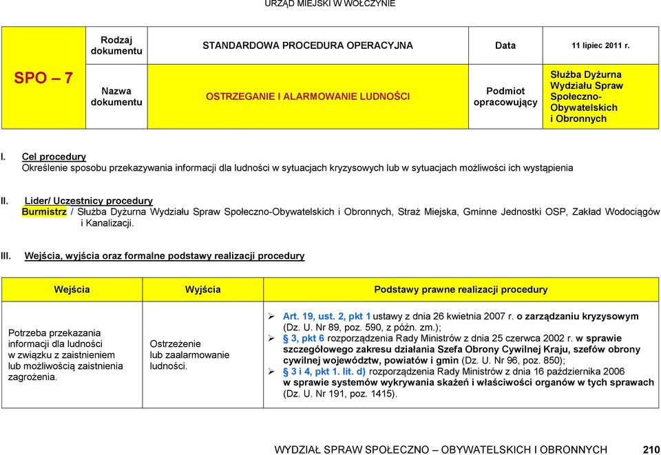 Lider/ Uczestnicy procedury Burmistrz / Służba Dyżurna Wydziału, Straż Miejska, Gminne Jednostki OSP, Zakład Wodociągów i Kanalizacji. III.