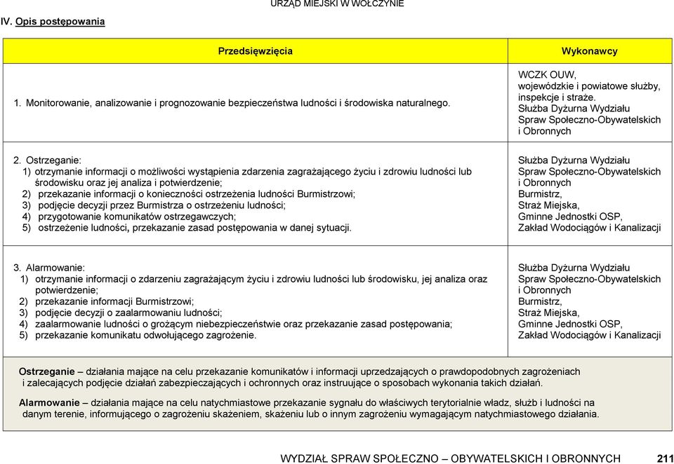 Ostrzeganie: 1) otrzymanie informacji o możliwości wystąpienia zdarzenia zagrażającego życiu i zdrowiu ludności lub środowisku oraz jej analiza i potwierdzenie; 2) przekazanie informacji o