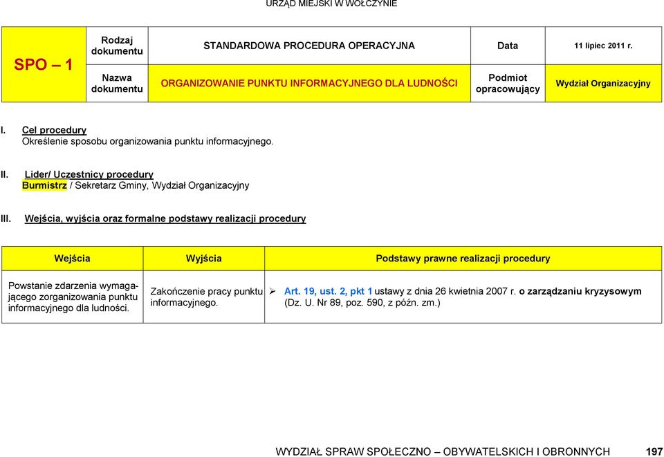 Wejścia, wyjścia oraz formalne podstawy realizacji procedury Wejścia Wyjścia Podstawy prawne realizacji procedury Powstanie zdarzenia wymagającego zorganizowania punktu informacyjnego