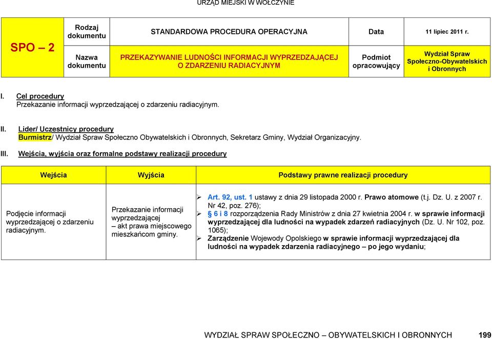 Cel procedury Przekazanie informacji wyprzedzającej o zdarzeniu radiacyjnym. II. III.