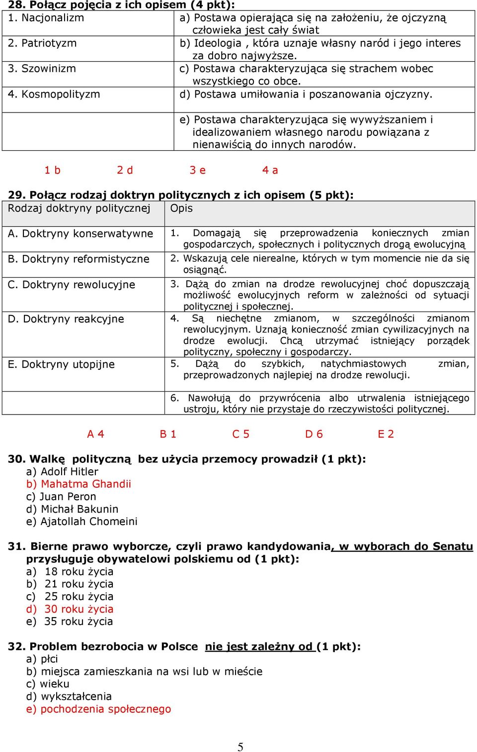 Kosmopolityzm d) Postawa umiłowania i poszanowania ojczyzny. 1 b 2 d 3 e 4 a e) Postawa charakteryzująca się wywyŝszaniem i idealizowaniem własnego narodu powiązana z nienawiścią do innych narodów.