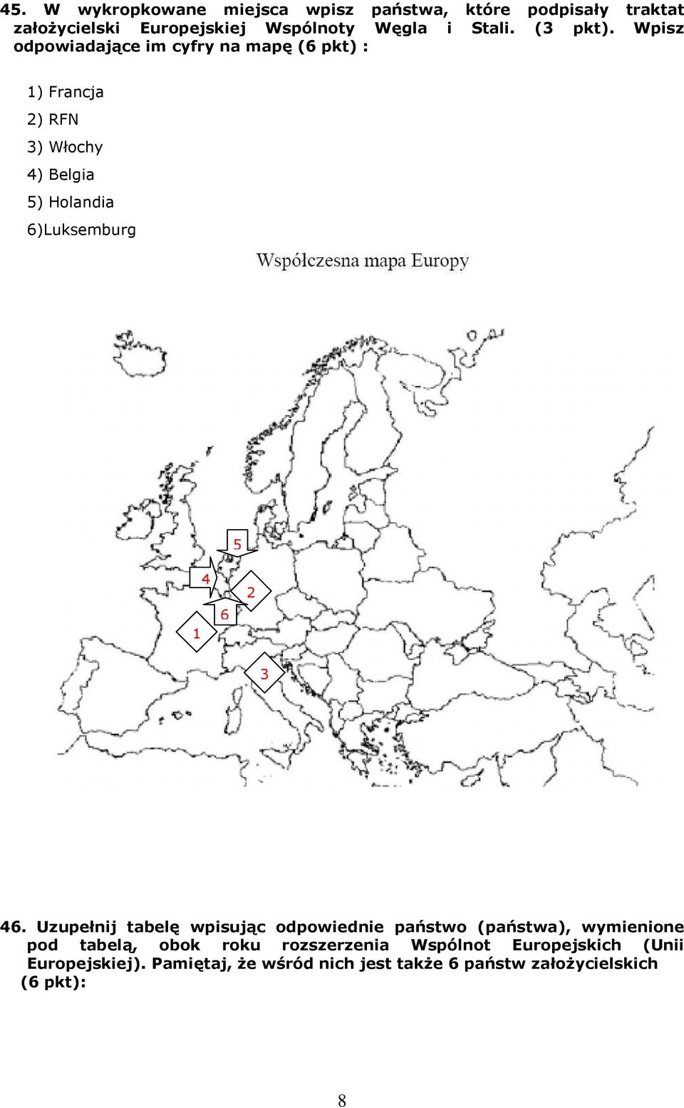 Wpisz odpowiadające im cyfry na mapę (6 pkt) : 1) Francja 2) RFN 3) Włochy 4) Belgia 5) Holandia 6)Luksemburg 5 1 4 6