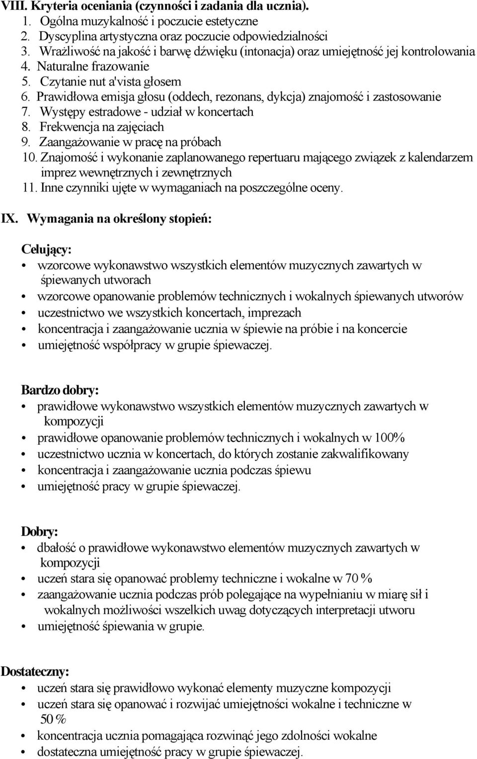 Prawidłowa emisja głosu (oddech, rezonans, dykcja) znajomość i zastosowanie 7. Występy estradowe - udział w koncertach 8. Frekwencja na zajęciach 9. Zaangażowanie w pracę na próbach 10.