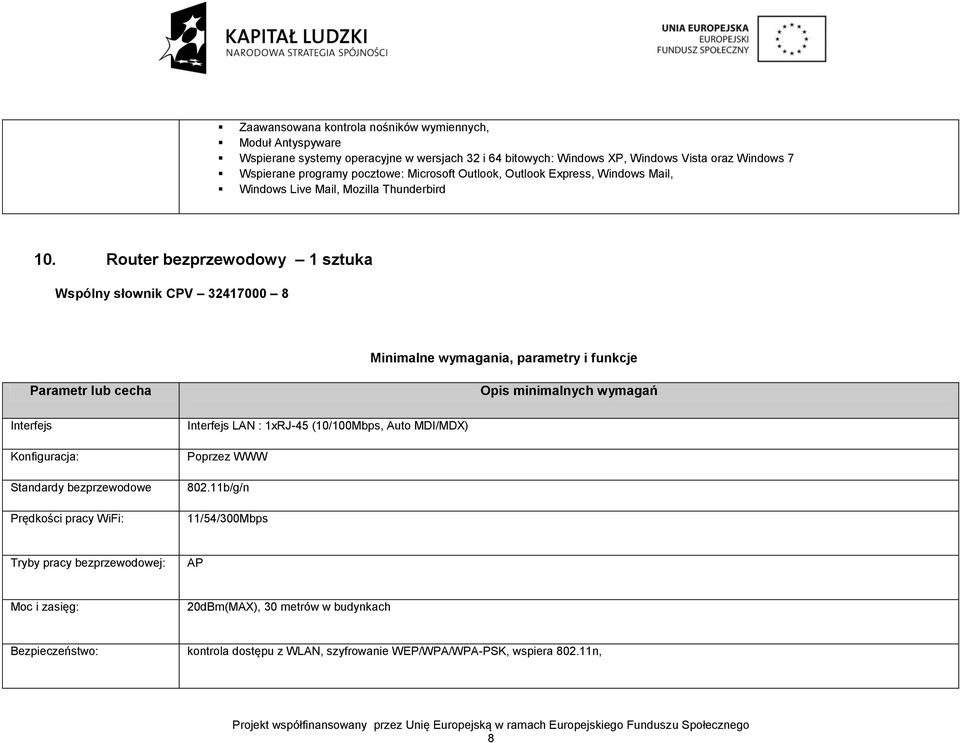 Router bezprzewodowy 1 sztuka Wspólny słownik CPV 32417000 8 Interfejs Konfiguracja: Standardy bezprzewodowe Prędkości pracy WiFi: Interfejs LAN : 1xRJ-45 (10/100Mbps,