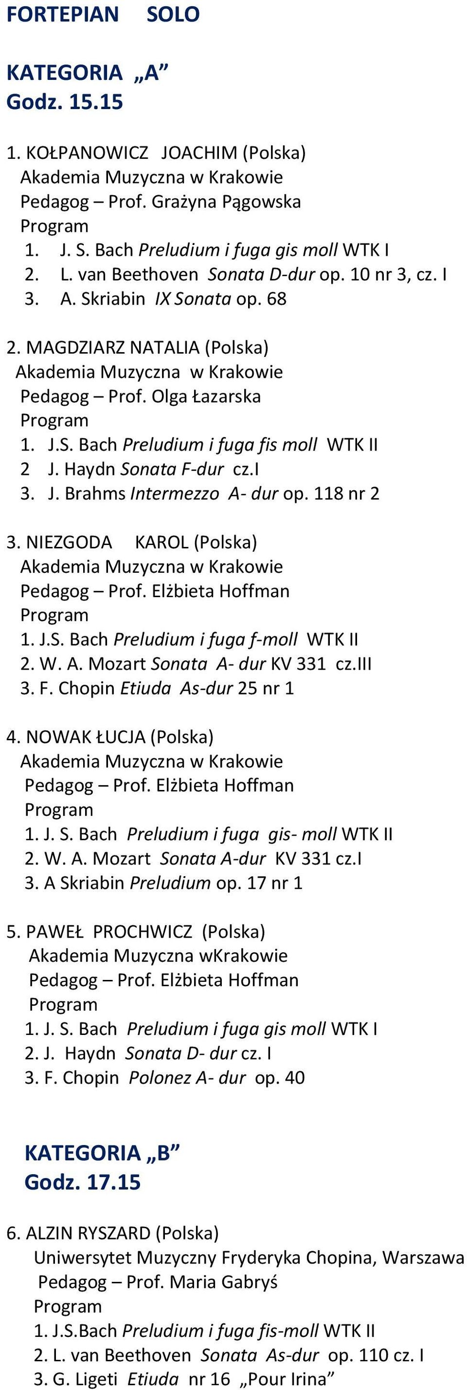 118 nr 2 3. NIEZGODA KAROL (Polska) 1. J.S. Bach Preludium i fuga f-moll WTK II 2. W. A. Mozart Sonata A- dur KV 331 cz.iii 3. F. Chopin Etiuda As-dur 25 nr 1 4. NOWAK ŁUCJA (Polska) 1. J. S. Bach Preludium i fuga gis- moll WTK II 2.