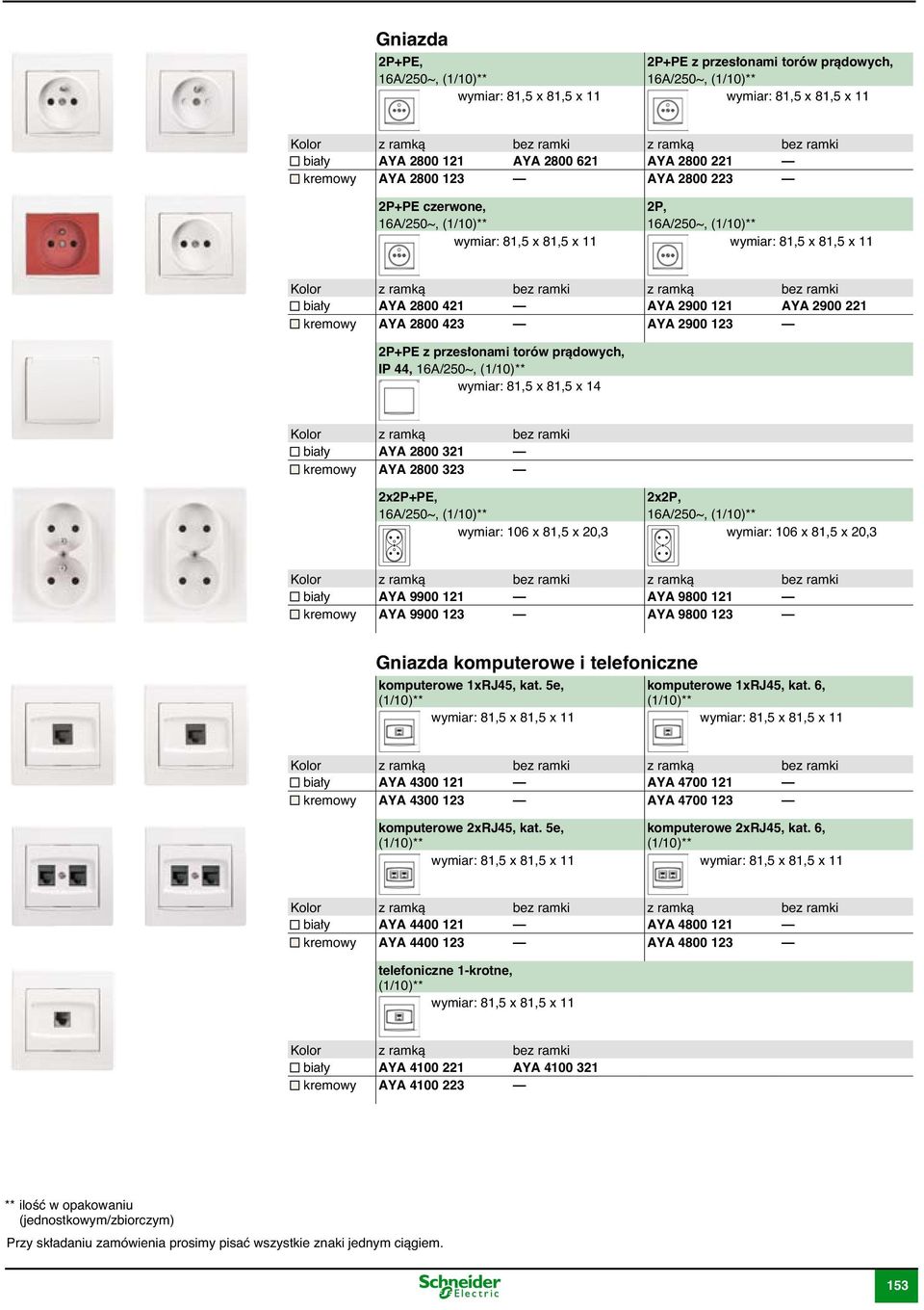 AYA 2800 323 2x2P+PE, 2x2P, 16A/250~, 16A/250~, wymiar: 106 x 81,5 x 20,3 wymiar: 106 x 81,5 x 20,3 bia y AYA 9900 121 AYA 9800 121 kremowy AYA 9900 123 AYA 9800 123 Gniazda komputerowe i