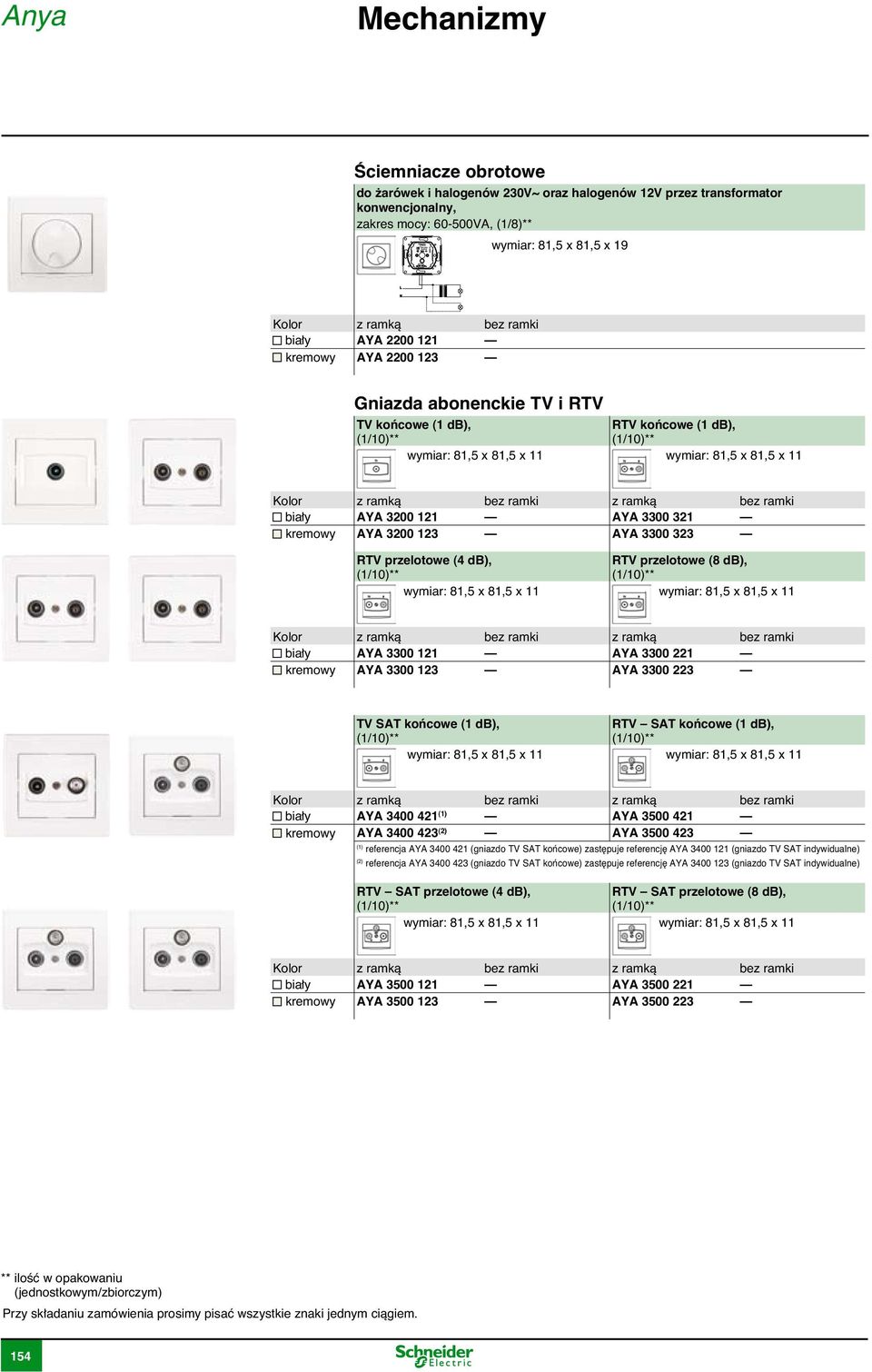 przelotowe (8 db), bia y AYA 3300 121 AYA 3300 221 kremowy AYA 3300 123 AYA 3300 223 TV SAT koƒcowe (1 db), RTV SAT koƒcowe (1 db), bia y AYA 3400 421 (1) AYA 3500 421 kremowy AYA 3400 423 (2) AYA