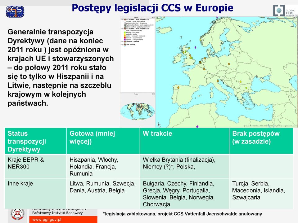Status transpozycji Dyrektywy Kraje EEPR & NER300 Inne kraje Gotowa (mniej więcej) Hiszpania, Włochy, Holandia, Francja, Rumunia Litwa, Rumunia, Szwecja, Dania, Austria, Belgia W