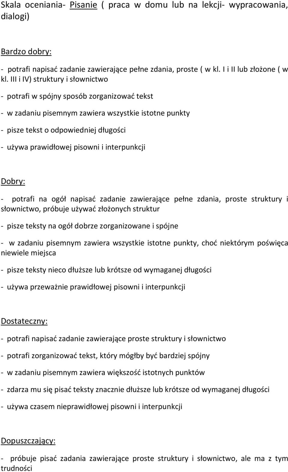 interpunkcji Dobry: - potrafi na ogół napisać zadanie zawierające pełne zdania, proste struktury i słownictwo, próbuje używać złożonych struktur - pisze teksty na ogół dobrze zorganizowane i spójne -