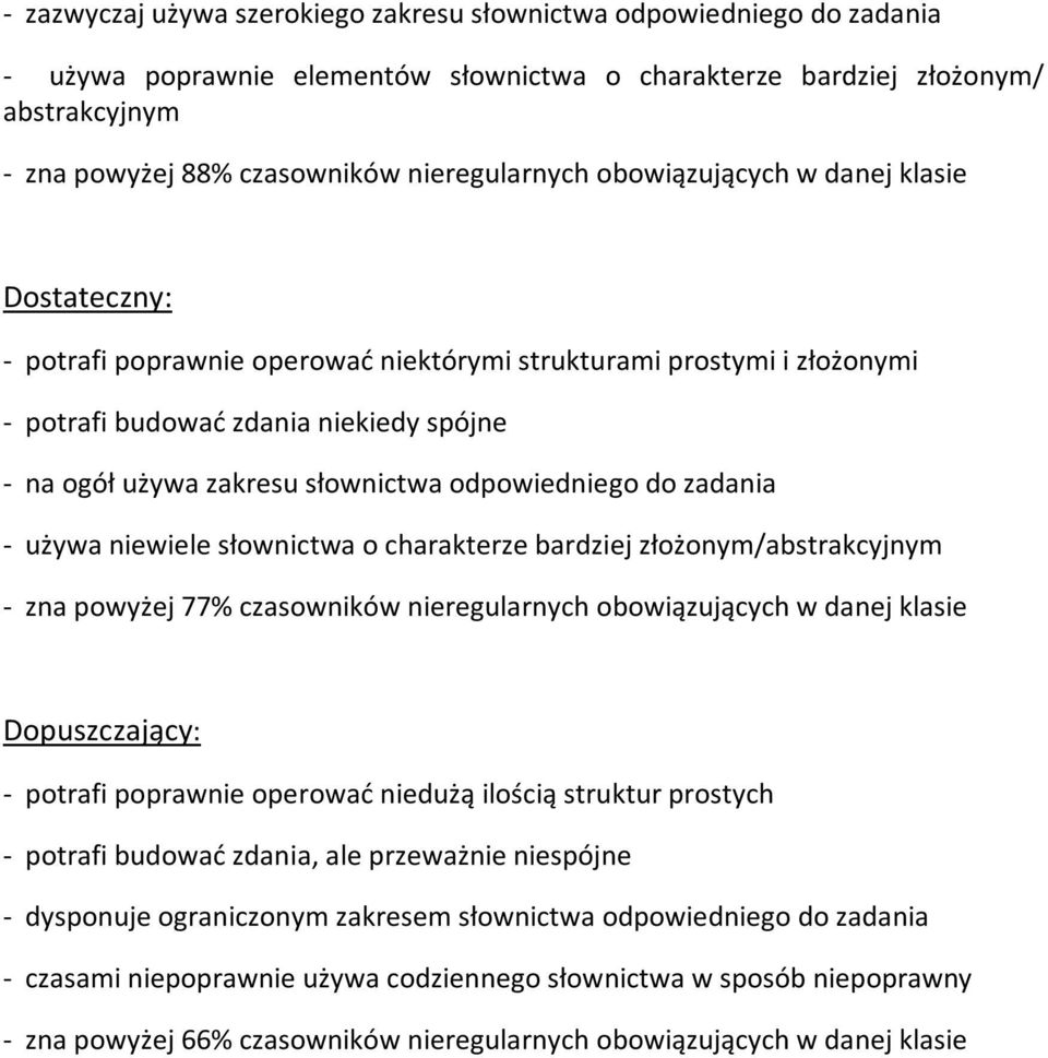 słownictwa odpowiedniego do zadania - używa niewiele słownictwa o charakterze bardziej złożonym/abstrakcyjnym - zna powyżej 77% czasowników nieregularnych obowiązujących w danej klasie Dopuszczający: