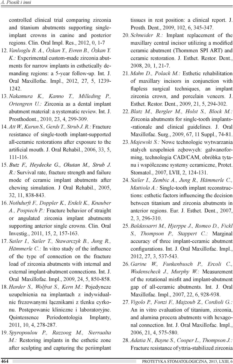 , 2012, 27, 5, 1239-1242. 13. Nakamura K., Kanno T., Milleding P., Ortengren U.: Zirconia as a dental implant abutment material: a systematic review. Int. J. Prosthodont., 2010, 23, 4, 299-309. 14.