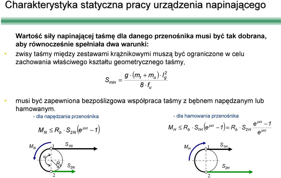 geometrycznego taśmy, S min g = ( m + m ) musi być zapewniona bezpoślizgowa współpraca taśmy z bębnem napędzanym lub hamowanym.