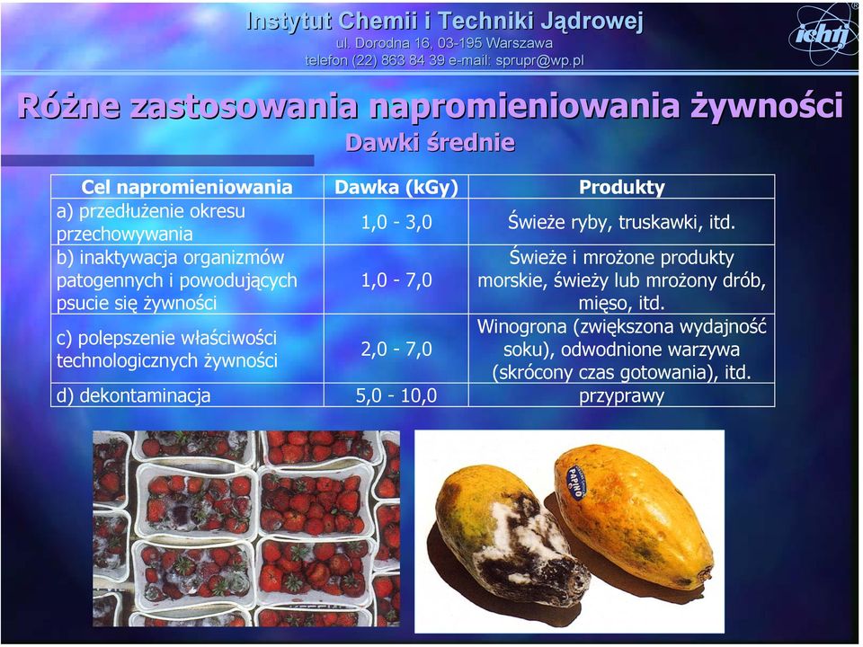 b) inaktywacja organizmów patogennych i powodujących psucie się żywności 1,0-7,0 Świeże i mrożone produkty morskie, świeży lub