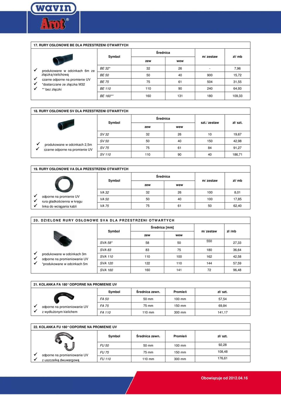 SV 32 32 26 10 19,67 produkowane w odcinkach 2,5m czarne odporne na promienie UV SV 50 50 40 150 42,98 SV 75 75 61 84 91,27 SV 110 110 90 40 186,71 19.